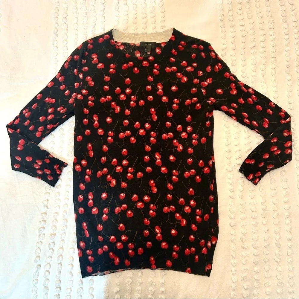 J. Crew Black and Red Cherry Print Tippi 3/4 Sleeve Crew Neck Sweater S